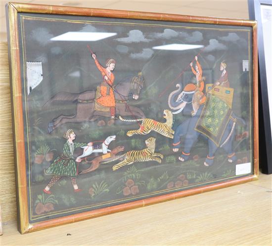 An Indian painted silk panel of a tiger hunt, 36 x 56cm